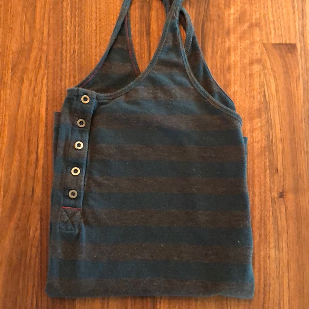 Gray and blue striped button tank